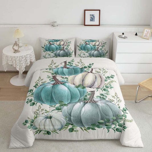 Eucalyptus Leaves Pumpkin Bedding Set Autumn Thanksgiving Duvet Insert King for Kids Boys Girls Bedroom,Fall Seasonal Holiday Comforter Set Rustic Farmhouse Duvet Sets Soft with 2 Pillowcases