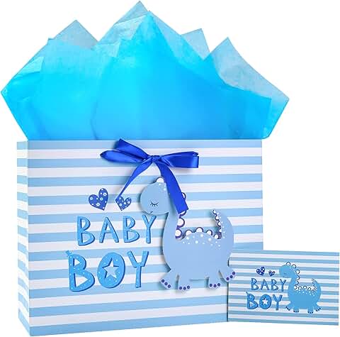 Blue Dinosaur Baby Gift Bag with Tissue and Card