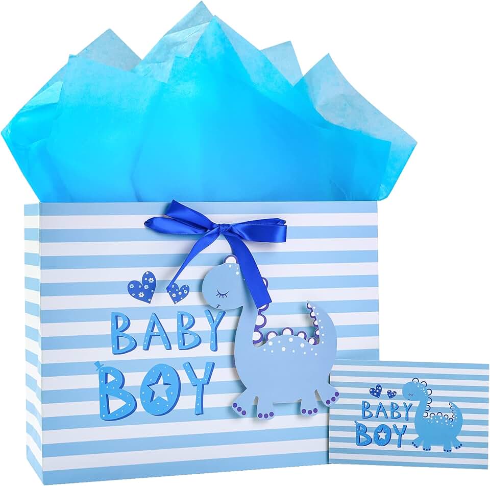 Blue Dinosaur Baby Gift Bag with Tissue and Card