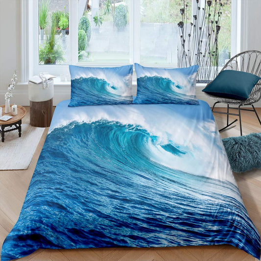 Ocean Wave Duvet Cover Set Twin for Kids Summer Sea Beach Bedding Set H aiian Tropical Bedding Cover Microfiber Comforter Cover with 1 Pillow Shams, Blue,Zipper, 2Pcs