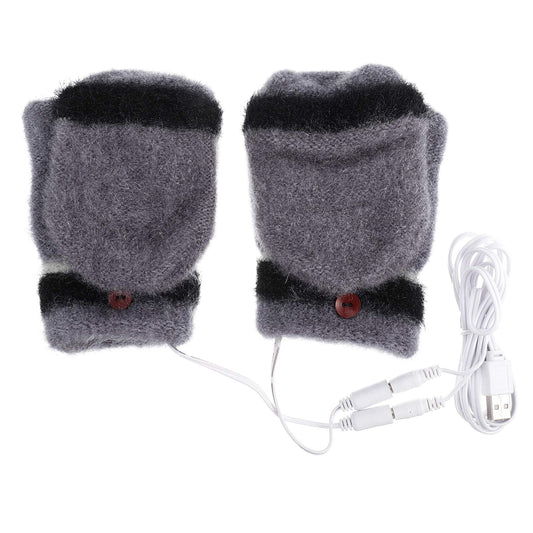 1 Pair USB Heated Gloves Winter Warm Laptop Gloves Half Hands Heated Fingerless Heating Knitting Hands Warmer for Home Office School Grey