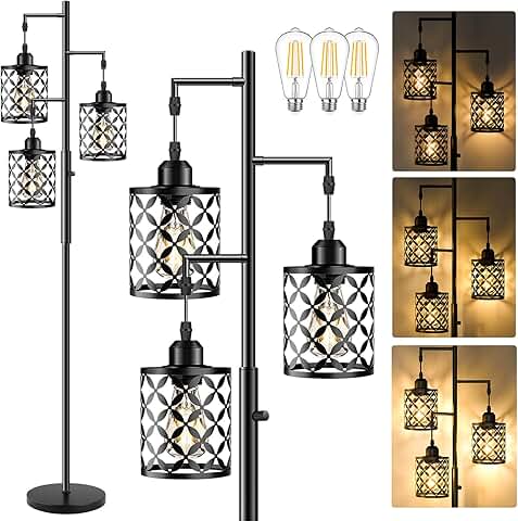 Tall Dimmable Farmhouse Floor Lamp with Metal Cage