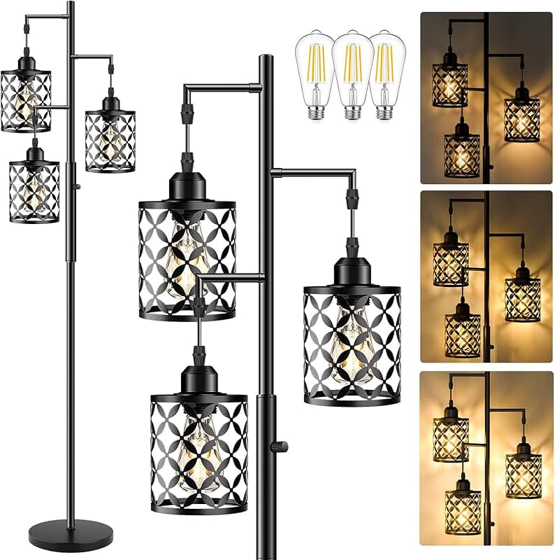Tall Dimmable Farmhouse Floor Lamp with Metal Cage