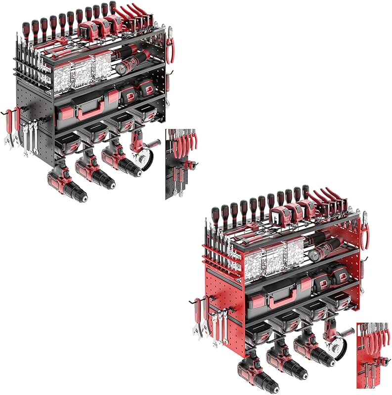 4-Layer Metal Power Tool Wall Organizer with Hooks