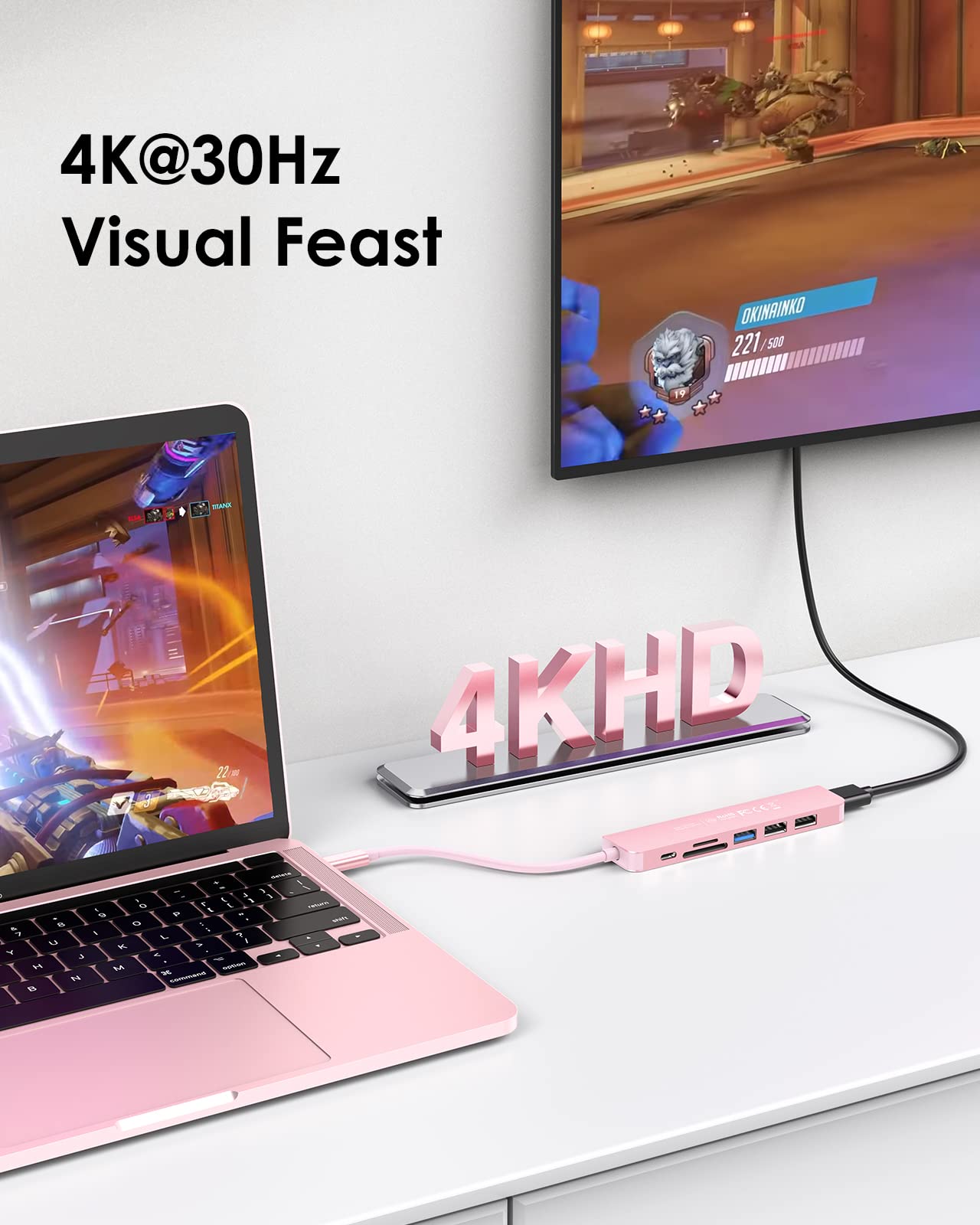 USB C Hub with 100W Charging, 4K HDMI, Dual Card Reader, USB 3.0 & 2.0 Compatible 2022-2016 MacBook Pro, New Mac Air/Surface, Chromebook, More, Stable Driver Adapter (CB-CE18, Rose Gold)