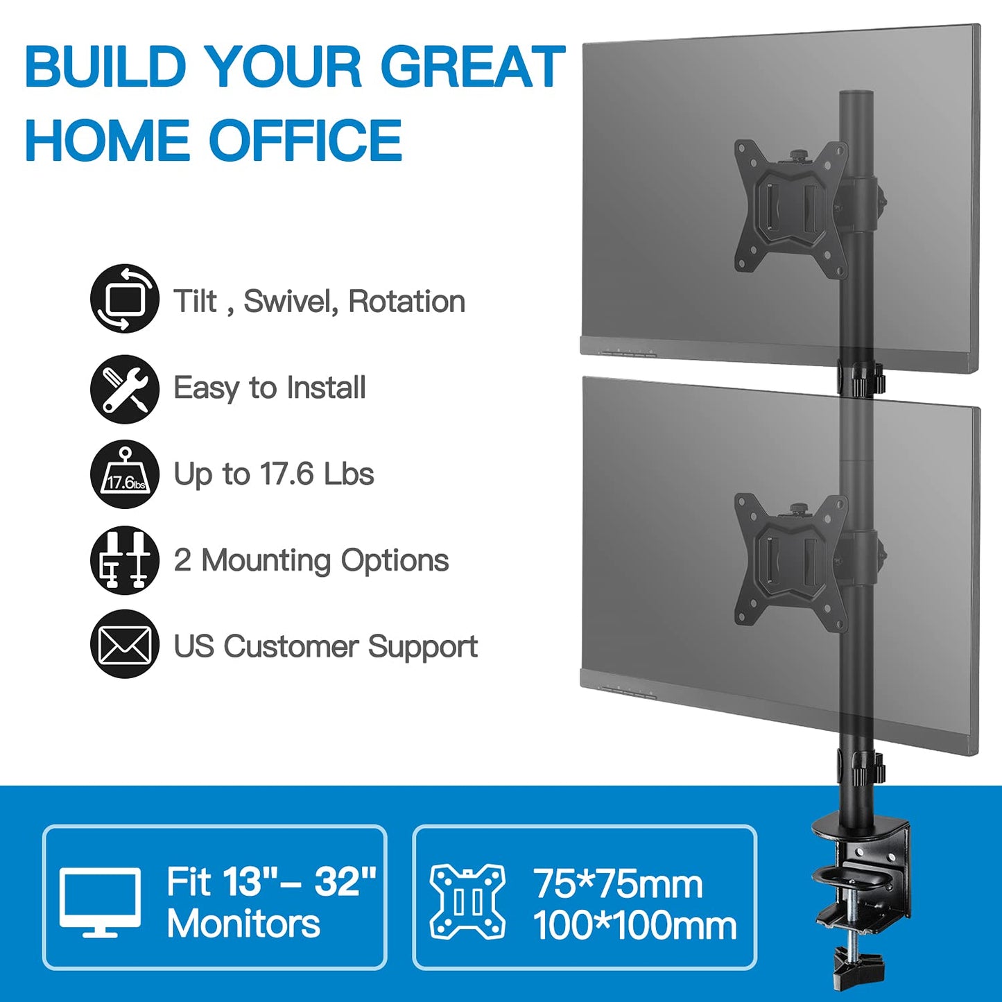 Dual Monitor Stand - Vertical Stack Screen Supports Two 13 to 32 Inch Computer Monitors with C Clamp Grommet Base
