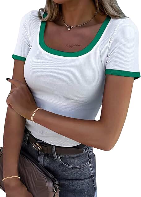 Women’s Ribbed Knit Ringer Tee with Scoop Neck