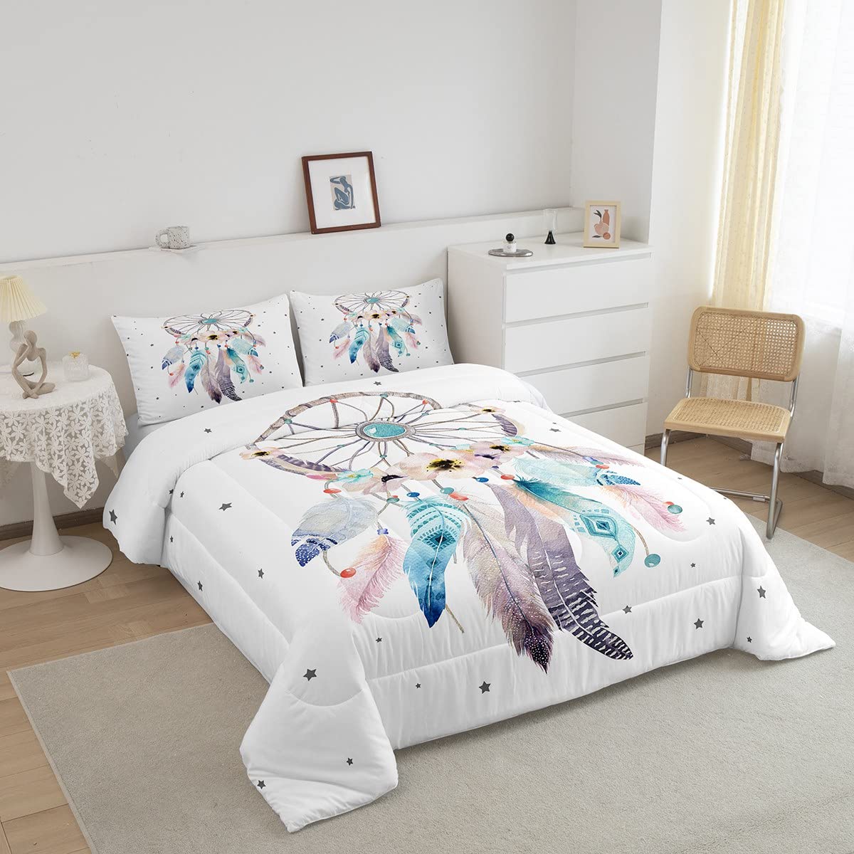 Dream Catcher Bedding Set Twin Size Girls,Floral Flower Comforter Set Cherry Blossom Quilt Duvet Women Aztec Tribal Down Comforter,Bohemian Star Home Room Decor with 1 Pillowcase