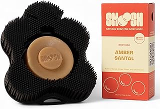 Black silicone body scrubber with two amber santal soap bars