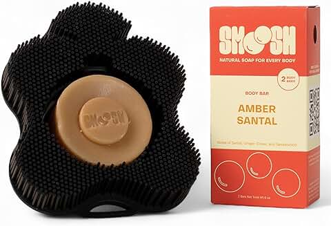 Black silicone body scrubber with two amber santal soap bars