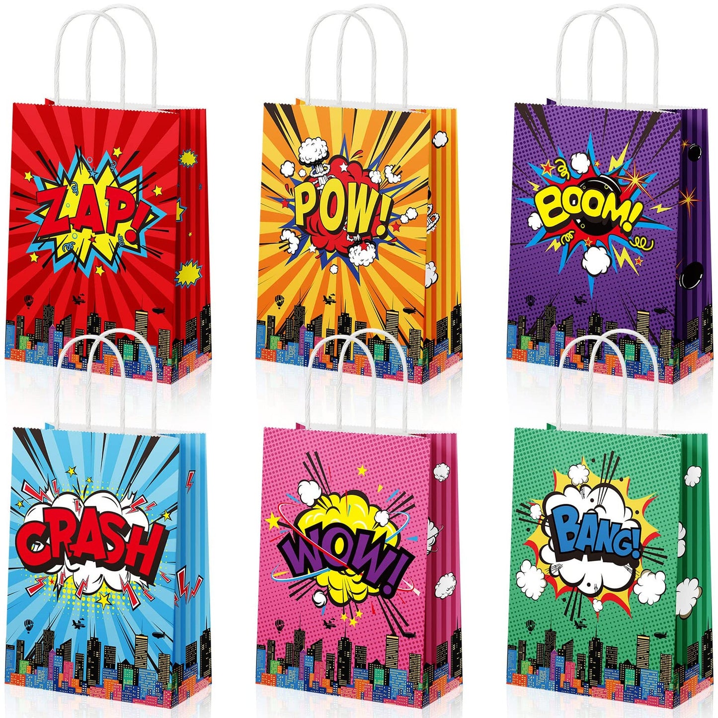 Boom Hero Goodie Bags - 18 Pcs Comic Kraft Paper Treat Gift Bags for Hero Theme Birthday Party Favors. Perfect for decorations and supplies!