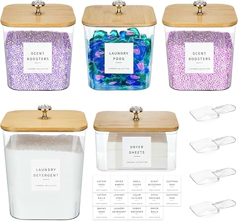 Set of 5 Laundry Pod and Dryer Sheet Storage Jars