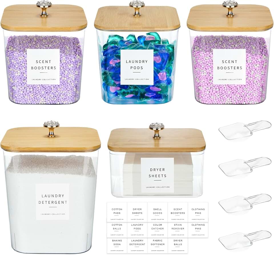 Set of 5 Laundry Pod and Dryer Sheet Storage Jars