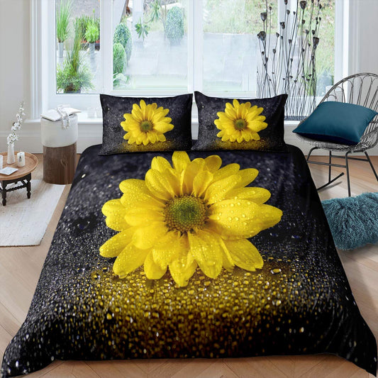 Yellow Floral Duvet Cover Twin 3D Sunflower Bedding Set Summer Colorful Nature Art Print Comforter Cover, Countryside Garden Style Decor Quilt Set Modern Style for Women Kids Girls with Zipper&Ties