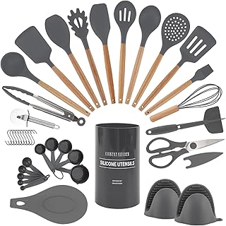 38-Piece Non-Stick Silicone Utensil Set with Wood Handles