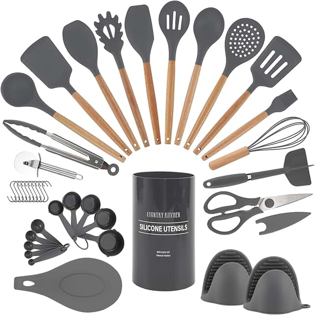 38-Piece Non-Stick Silicone Utensil Set with Wood Handles