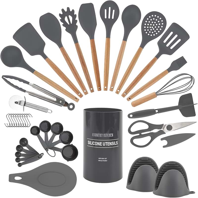 38-Piece Non-Stick Silicone Utensil Set with Wood Handles