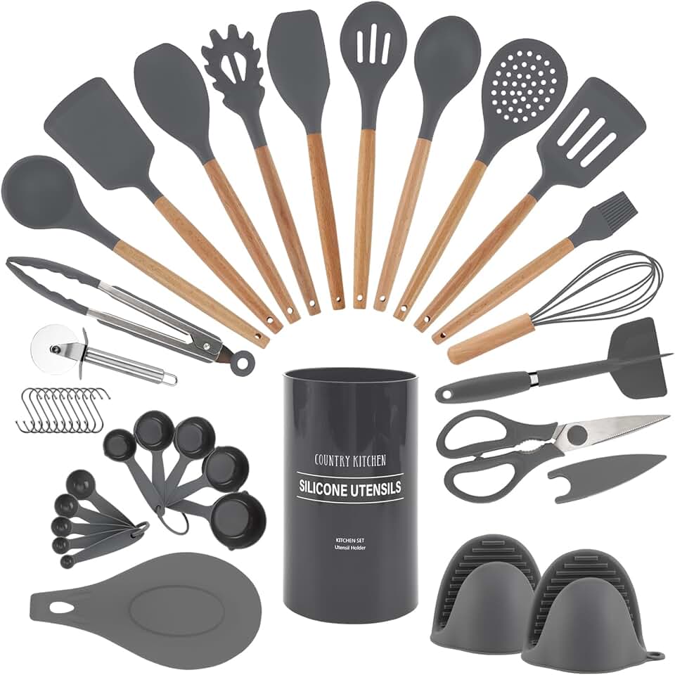 38-Piece Non-Stick Silicone Utensil Set with Wood Handles