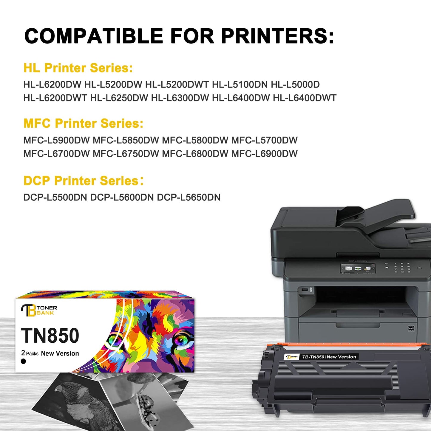Compatible Cartridge Replacement for Brother TN850 TN820 TN 850 TN-850 TN-820 HL-L6200DW MFC-L5850DW MFC-L5700DW HL-L5200DW MFC-L5900DW High Yield Printer New Version 2-Pack