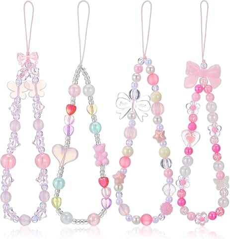 Set of 4 Beaded Phone Charms with Butterfly and Heart Designs