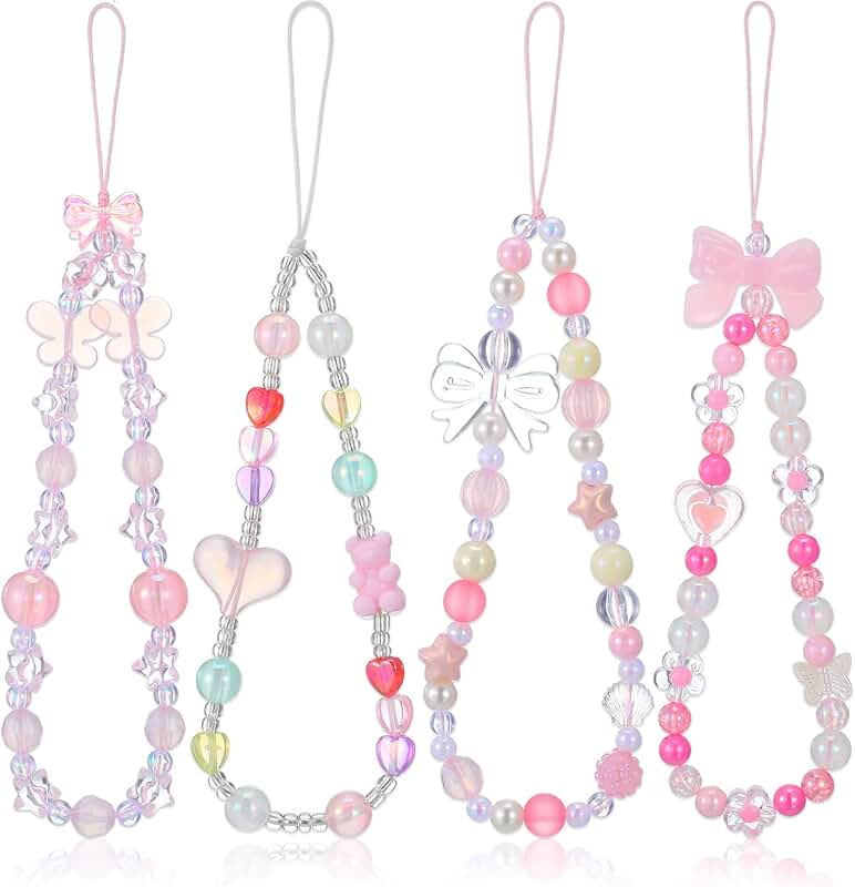 Set of 4 Beaded Phone Charms with Butterfly and Heart Designs
