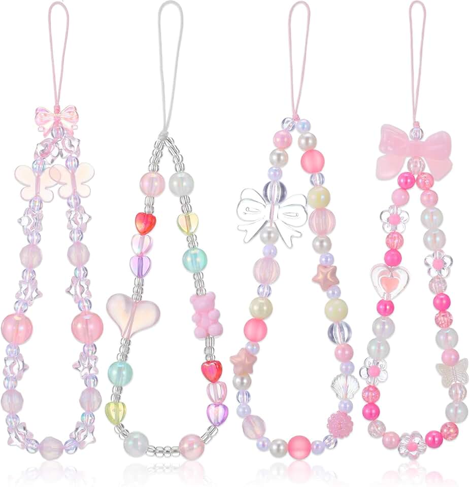 Set of 4 Beaded Phone Charms with Butterfly and Heart Designs