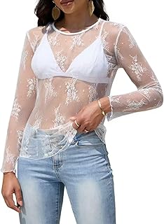 See-Through Mesh Long Sleeve Lace Blouse