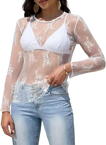 See-Through Mesh Long Sleeve Lace Blouse