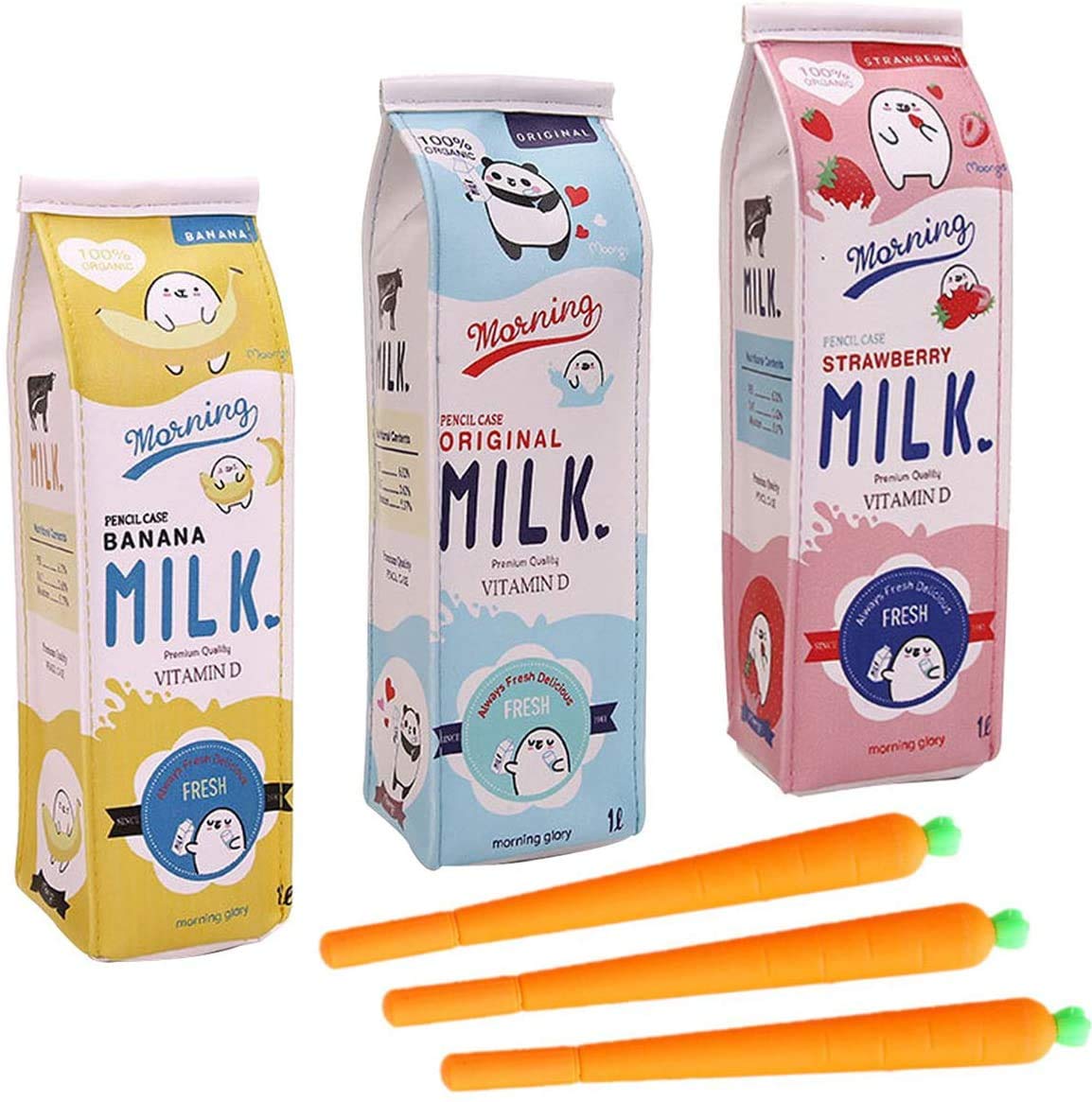 Set of 3 Kawaii Milk Carton Pencil Cases and Carrot Gel Pens