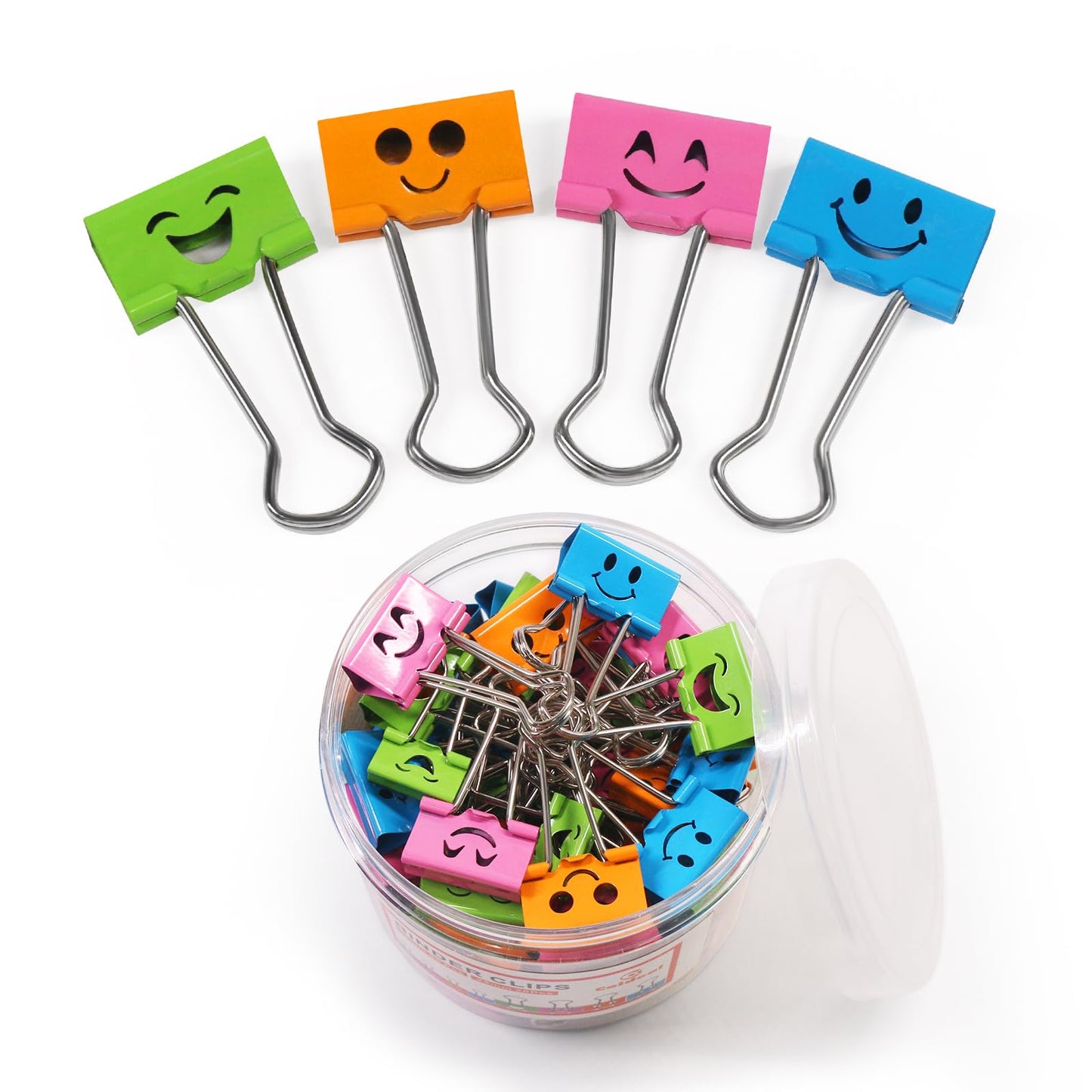 Set of 48 colorful smiley face binder clips, 1 inch