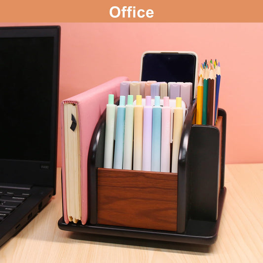 Wooden rotating remote control holder with six compartments