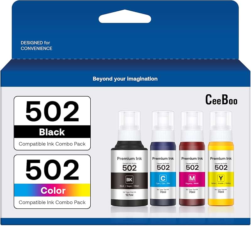 502 Ink Bottle Replacement for Epson Printers, 4 Bottles