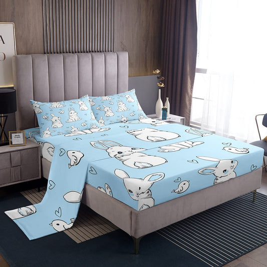 Kids Rabbit Sheet Set Cute Rabbit Heart Bed Sheets for Boys Girls Watercolor Cartoon Wild Animal Decor Bed Set Blue Sheets Bedroom 4Pcs Full Size