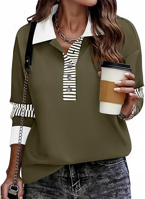 Women's V-Neck Button-Down Color Block Sweatshirt