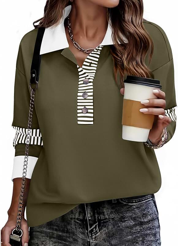 Women's V-Neck Button-Down Color Block Sweatshirt