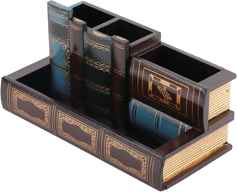 Decorative Wooden Desk Organizer with Library Book Design