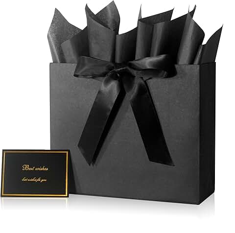 Black gift bag with ribbons, card, and tissue