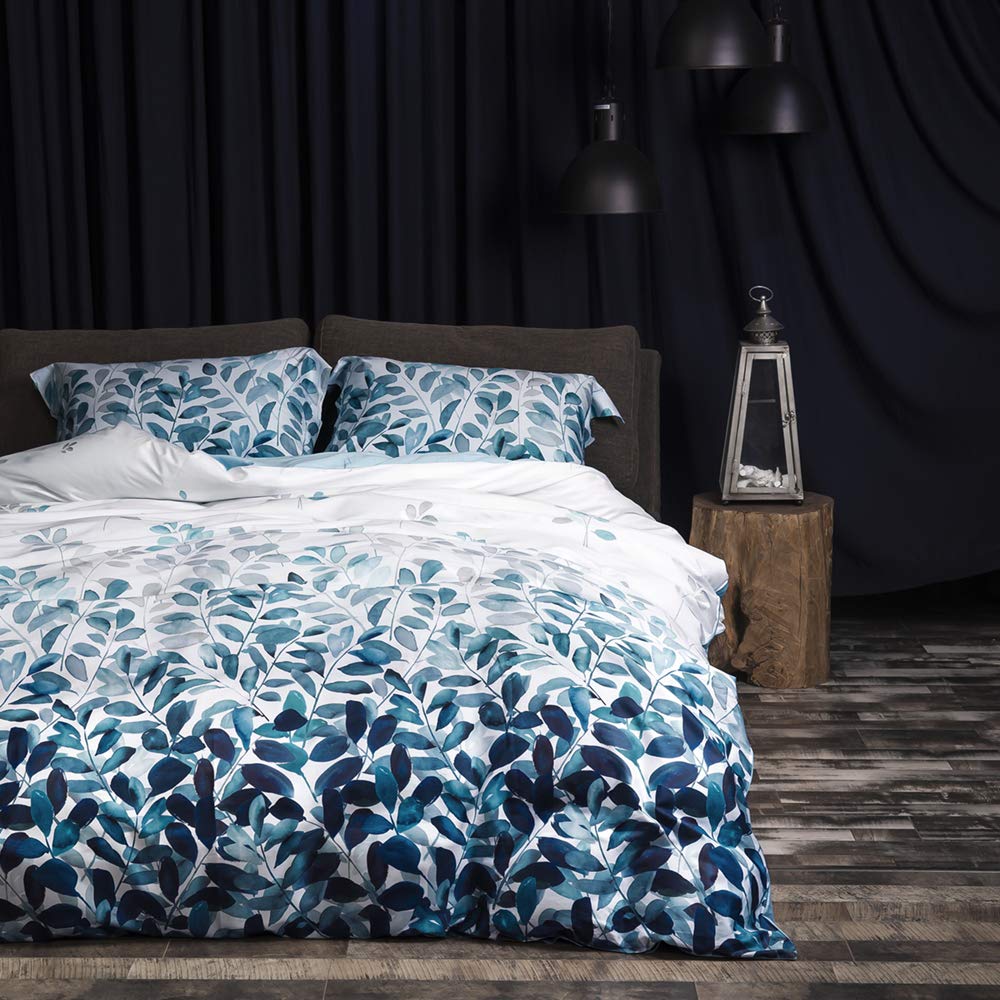 100% Duvet Cover Set 3pcs Gradient Blue Leaf Bedding Set with Zipper Closure  Corner Ties  Nero 1 Duvet Cover, 2 Pillow Shams)