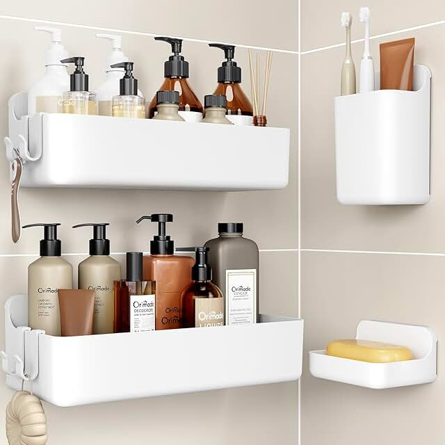 Set of four no-drill shower shelves, rustproof white storage