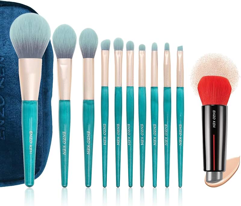 Blue makeup brush set with case and double-ended kabuki