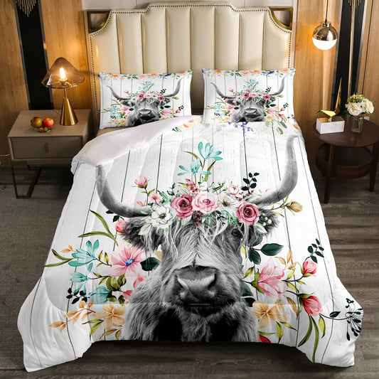 Highland Cow Flower Comforter Set Bull Cattle Bedding Set Decor Western Funny Animal Comforter Wildlife Farmhouse Cow White Wooden Quilt Set Room 2Pcs Twin Size