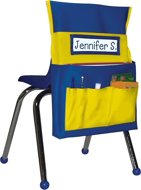 Blue and yellow desk chair back pocket organizer