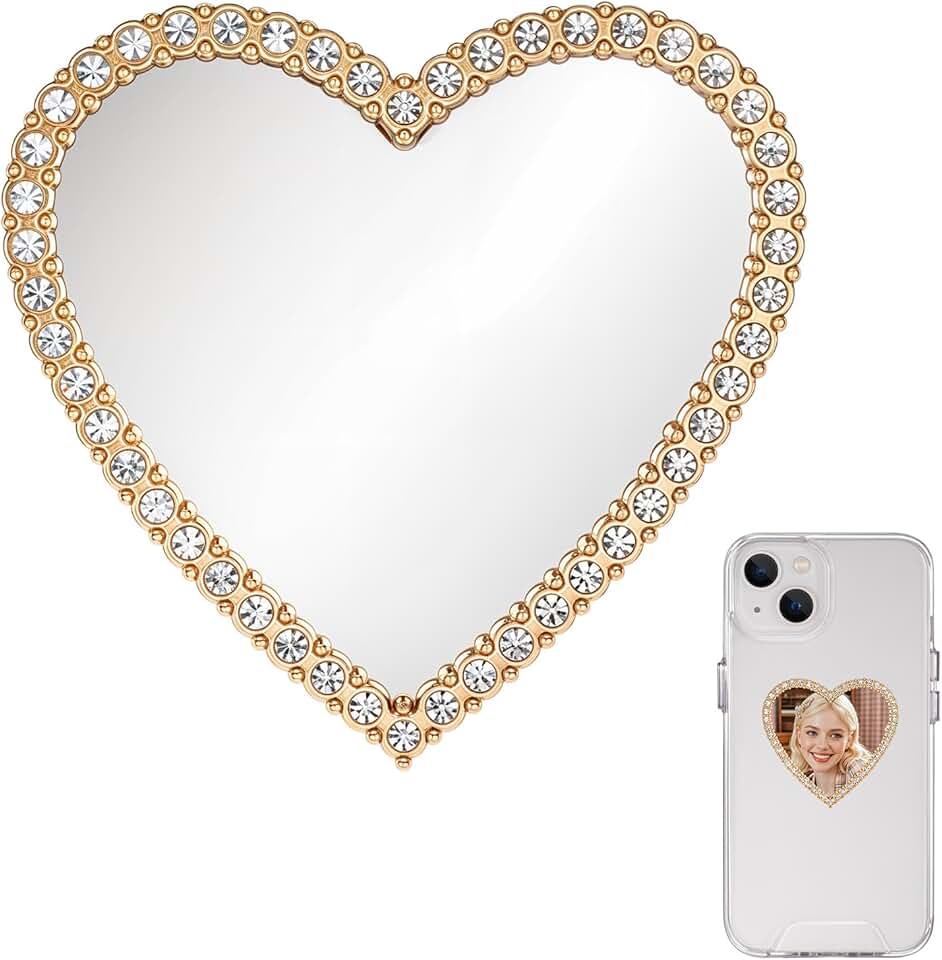 Heart-Shaped Phone Mirror with Gold Frame