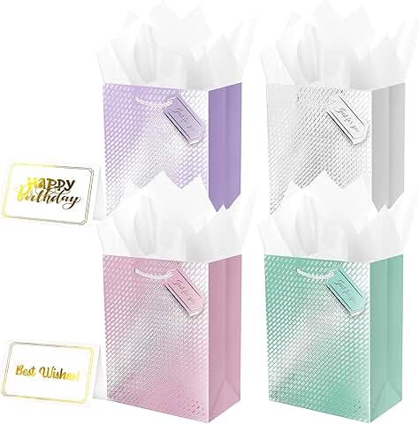 Set of four colorful gift bags with tissue paper handles