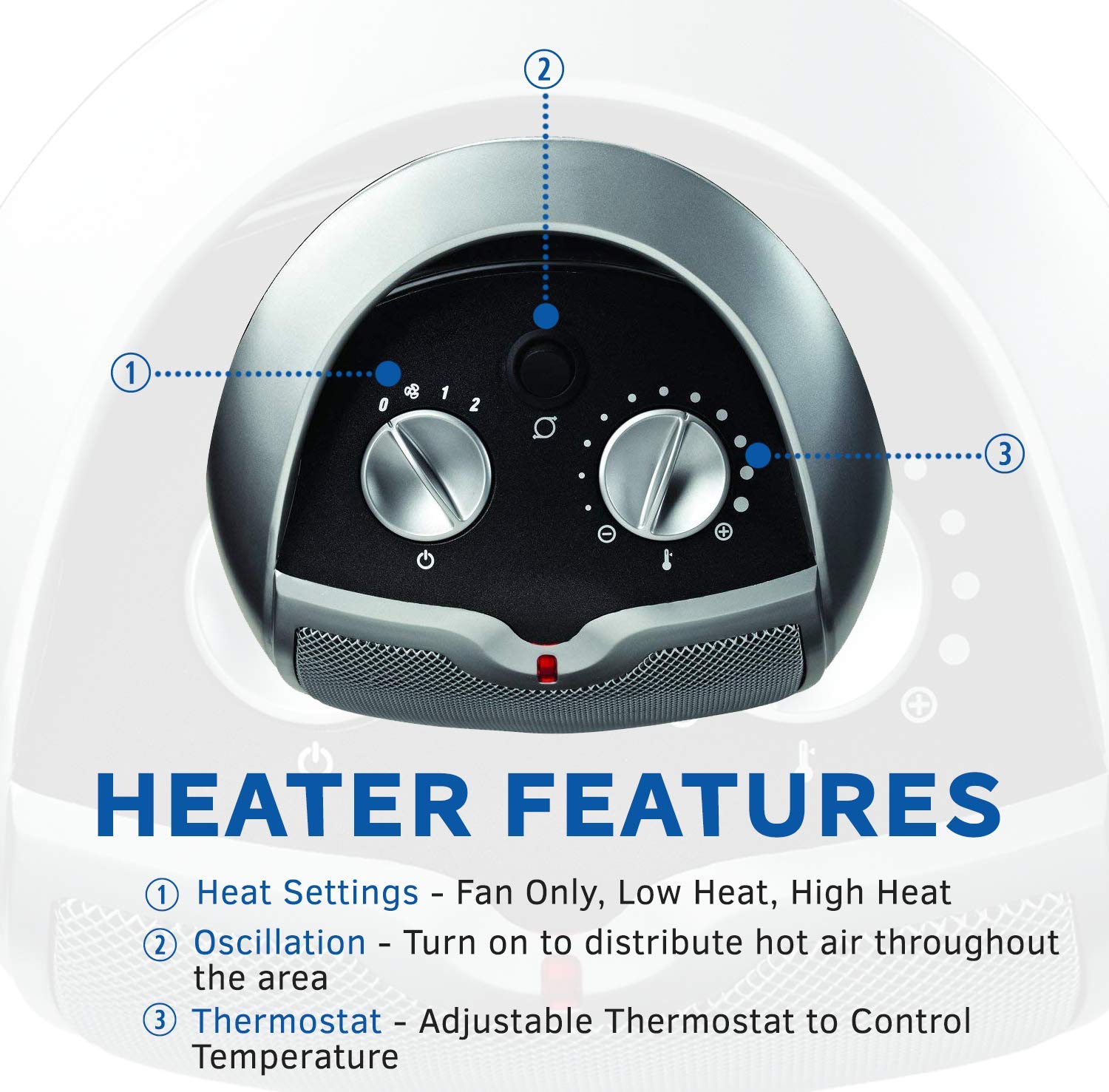 Oscillating Ceramic Tabletop Space Heater for Home with Adjustable Thermostat, Carrying Handle and 2 Speeds, 11.6 Inches, Silver, 5409