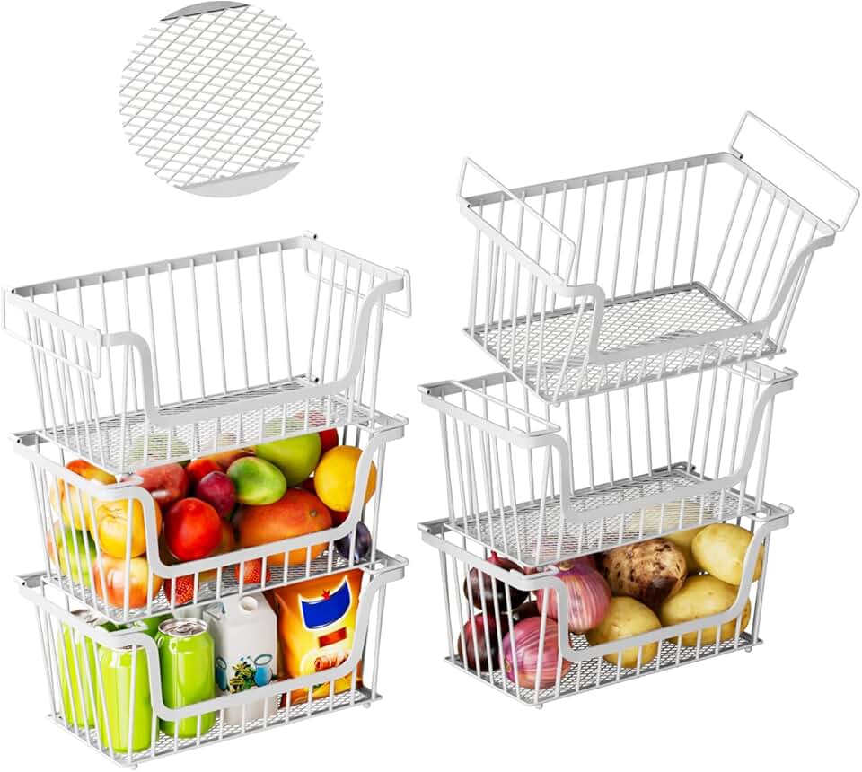 Leak-proof stackable wire baskets for pantry storage