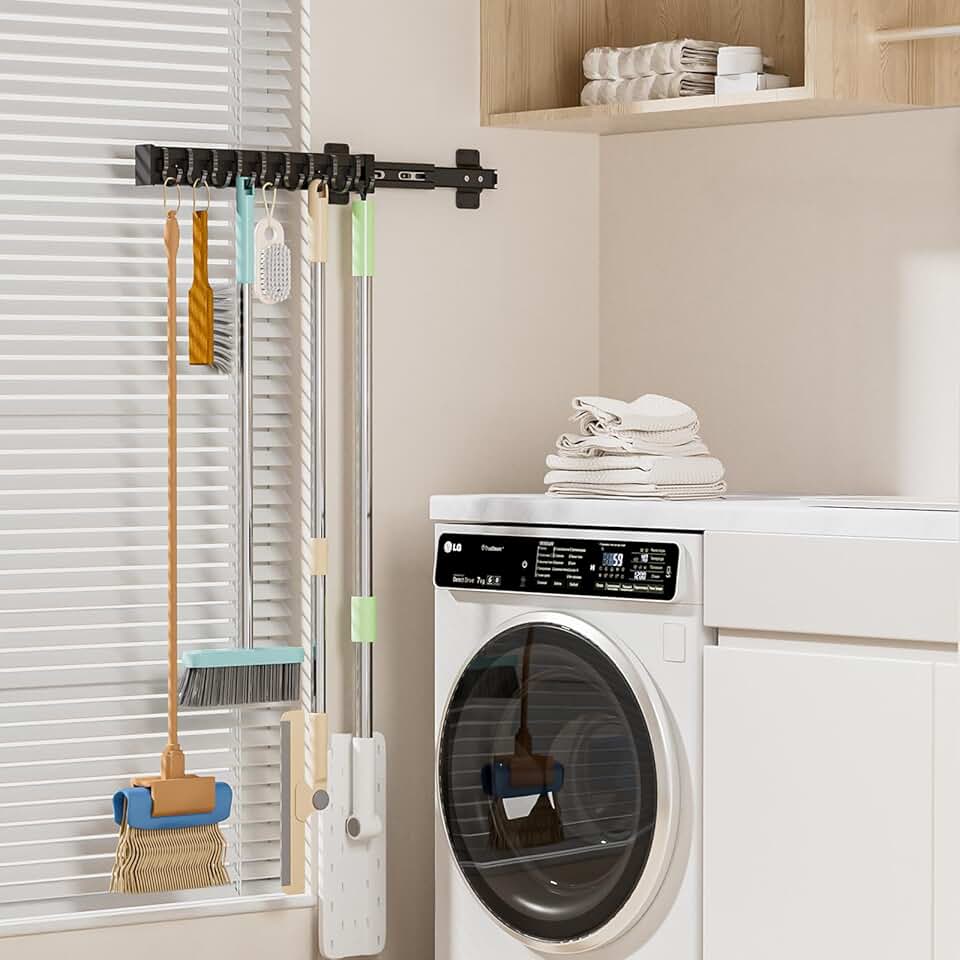 Pull Out Broom Holder with 9 Adjustable Hooks