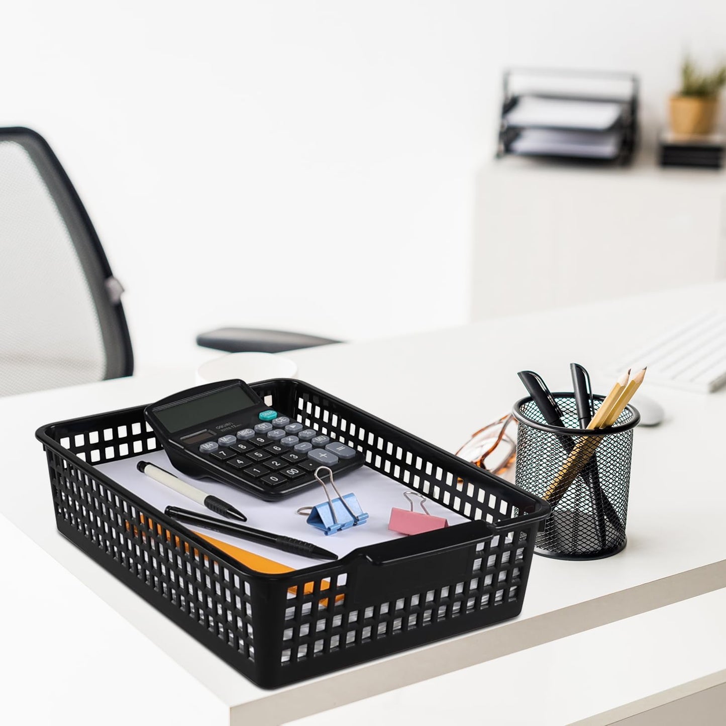 Six Black Plastic Paper Storage Baskets