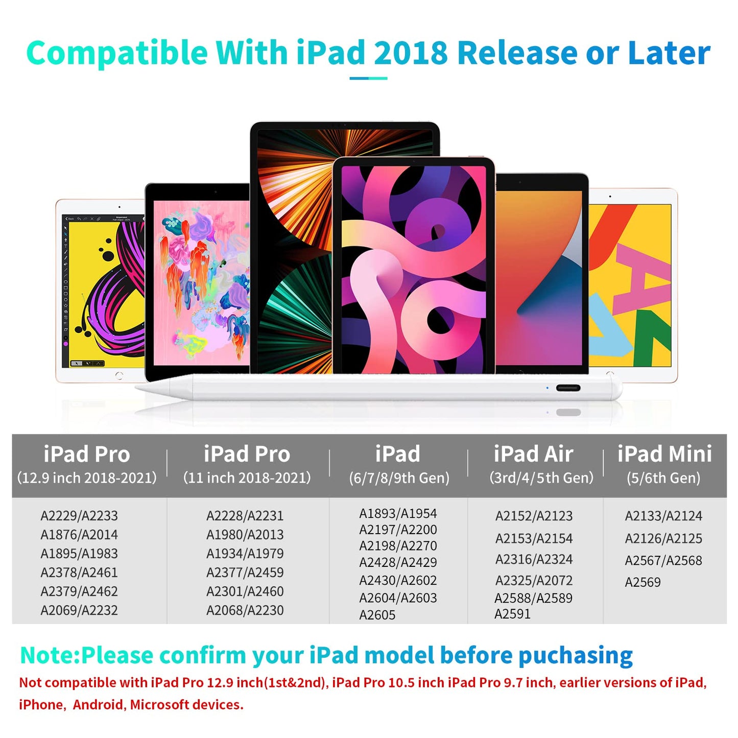 Stylus Pen Compatible with Apple iPad (2018 and Later), Palm Rejection, Tilting Detection, Magnetic Adsorption for iPad Pro (11/12.9 Inch), iPad 6/7/8th Gen, iPad Air 3rd/4th Gen, iPad Mini 5th Gen