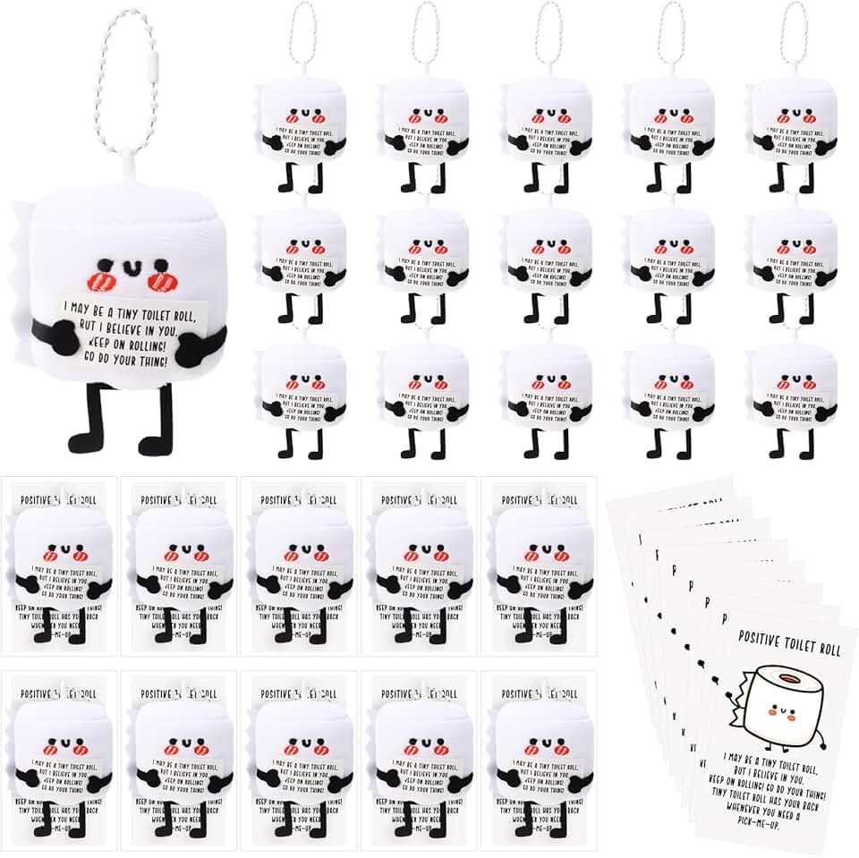20 Mini Toilet Paper Plush Keychains with Cards and Gift Bags
